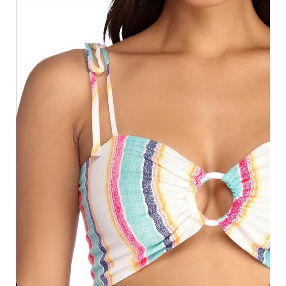 Windsor M Multicolor Stripe Sweetheart Neck Tie Straps Smocked Crop Top - Picture 3 of 9